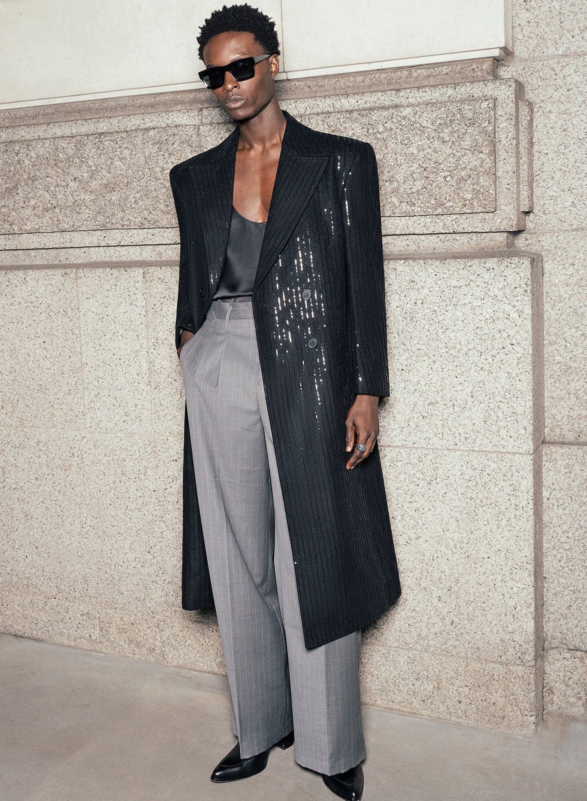 Double Breasted Sequin Embellished Long Length Stripe Wool Coat