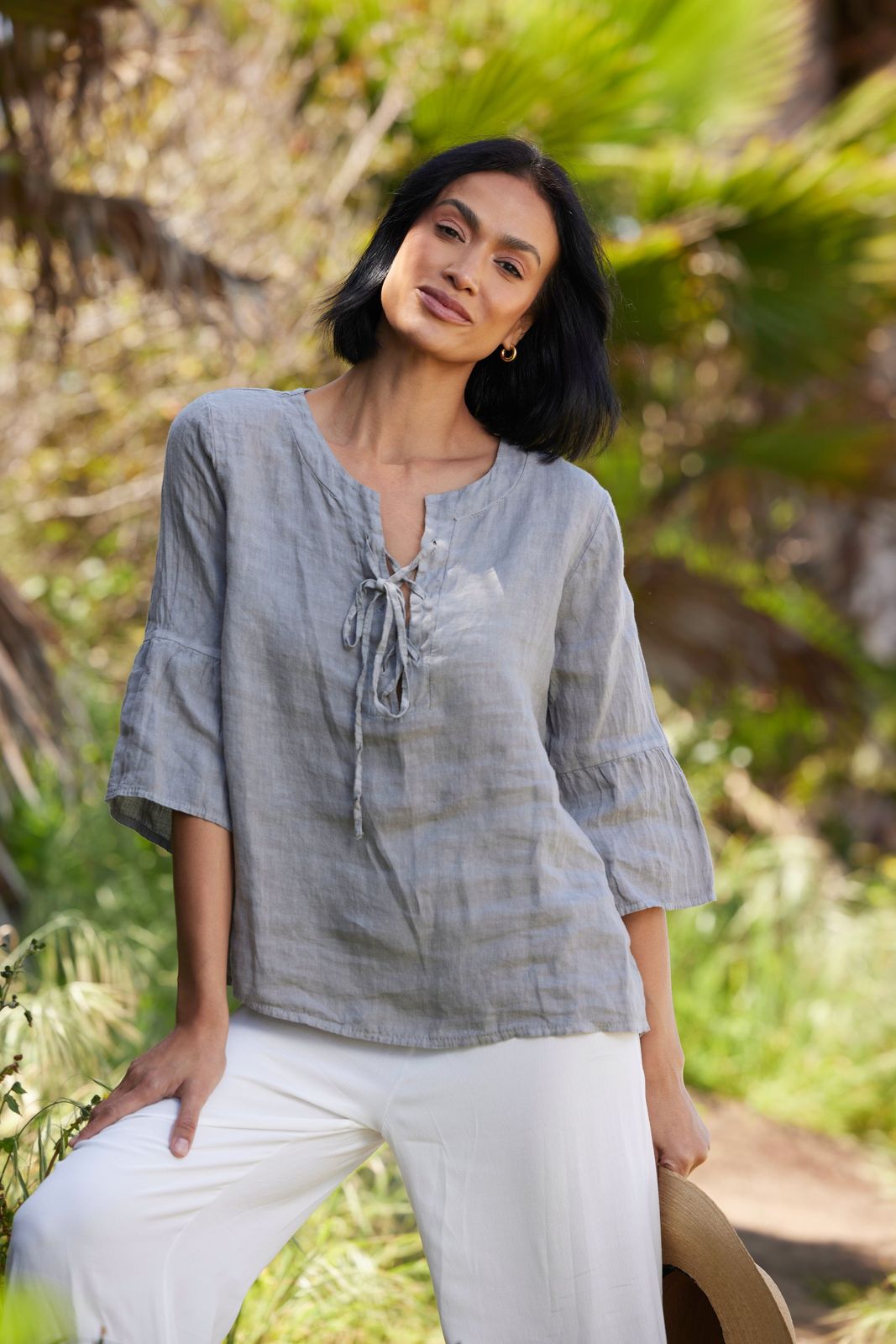 Sawyer Linen Tie Front Frill Sleeve Top