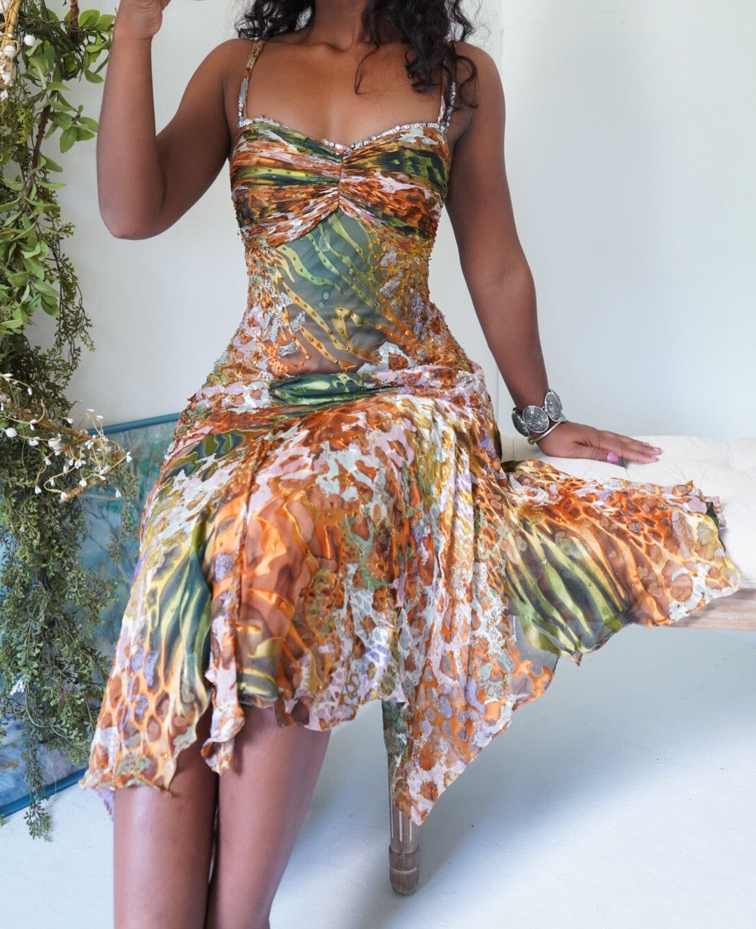 Y2K Abstract Animal Print Burnout Beaded Dress