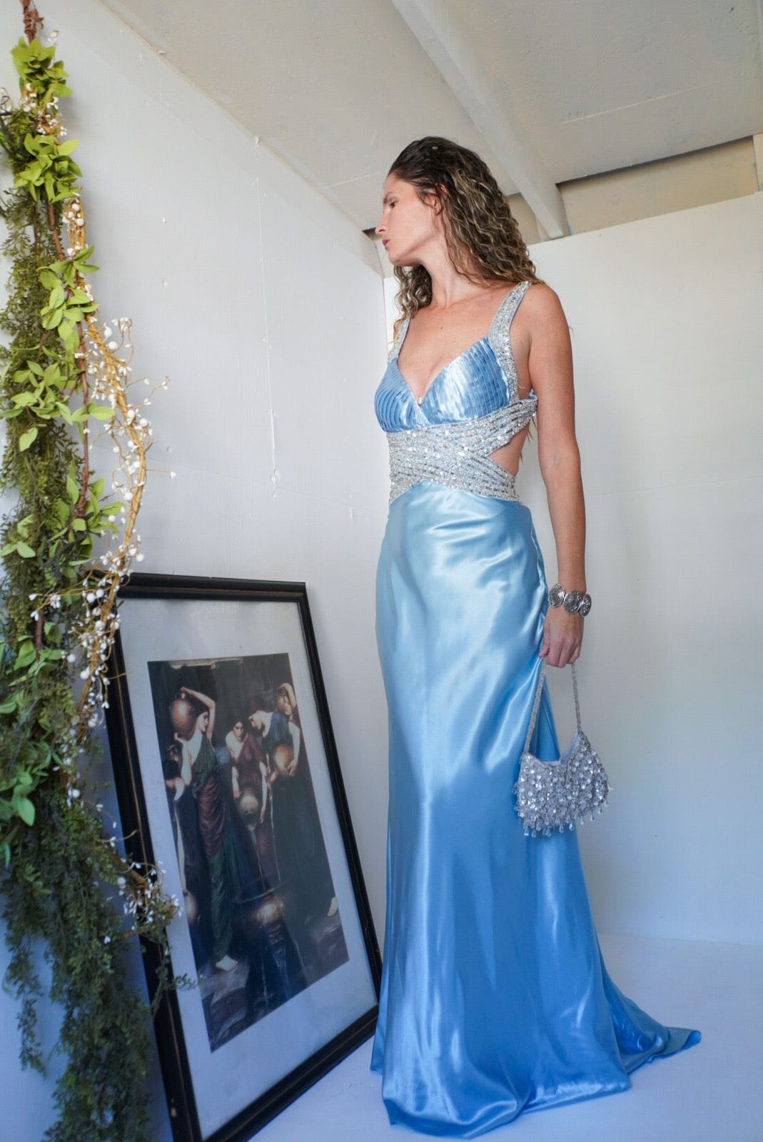 Y2k Icy Blue Satin Backless Gown