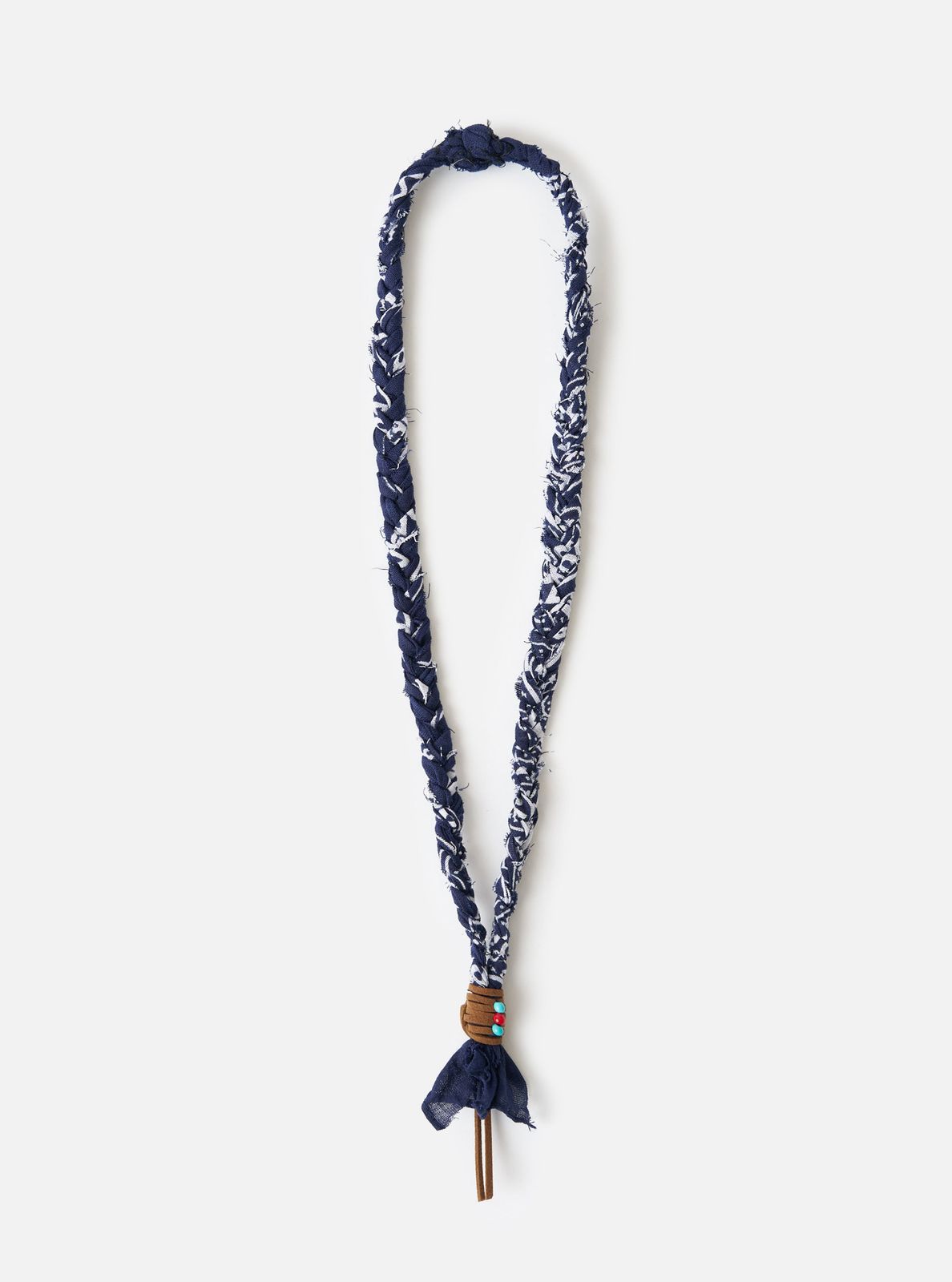 Hanami of Rome Blue/Brown Leather/Turquoise-Red Bead Bandana Necklace No.56