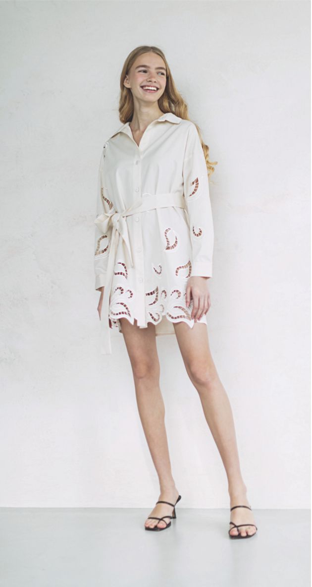 Organic Cotton Shirt-Dress With Exclusive Cutwork Embroidery | Cream