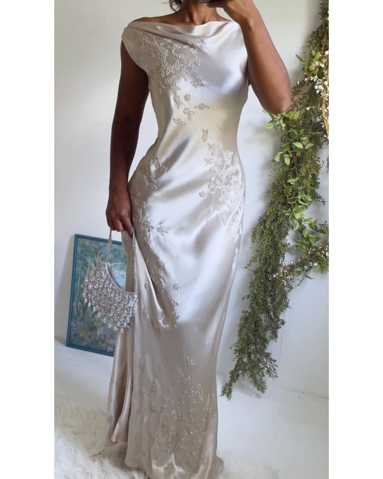 Rare Y2K Champagne Satin Beaded Gown