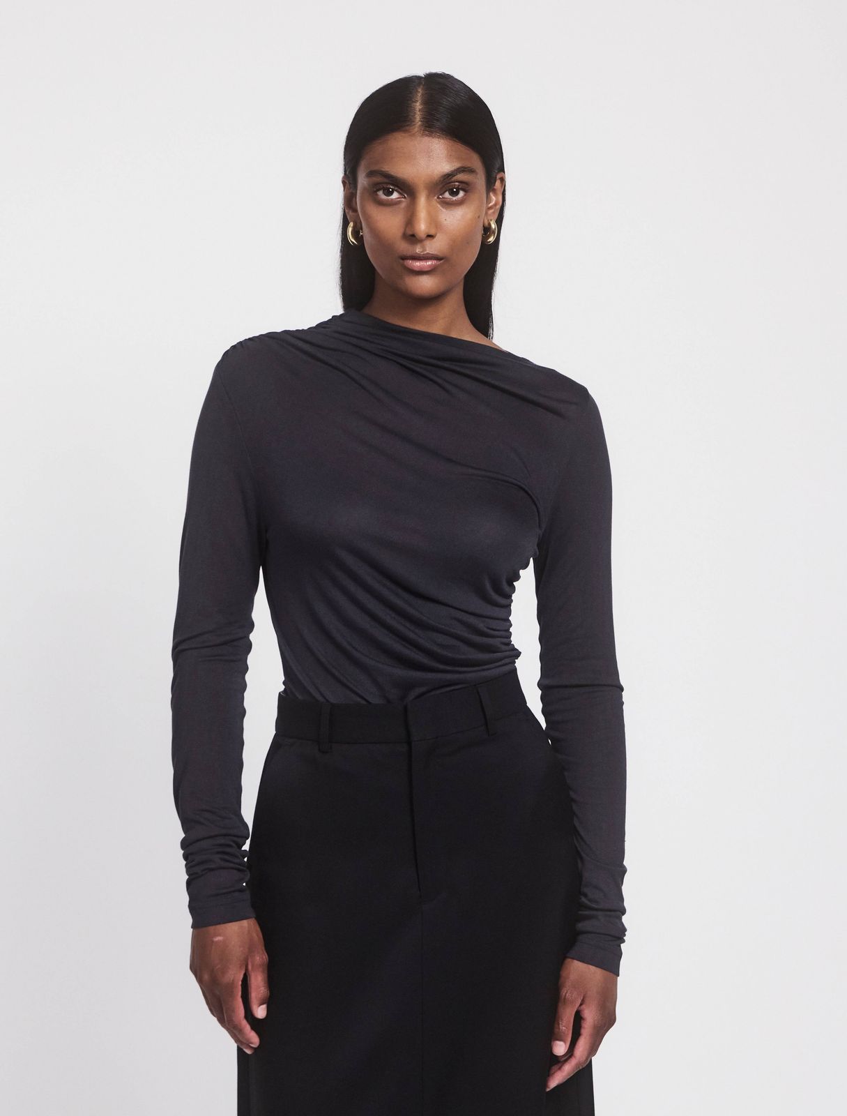 Iphis Draped Long Sleeve Top in Navy
