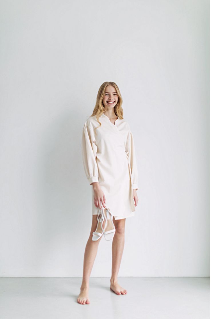 Organic Cotton Wrap Dress with Embroidery | Cream