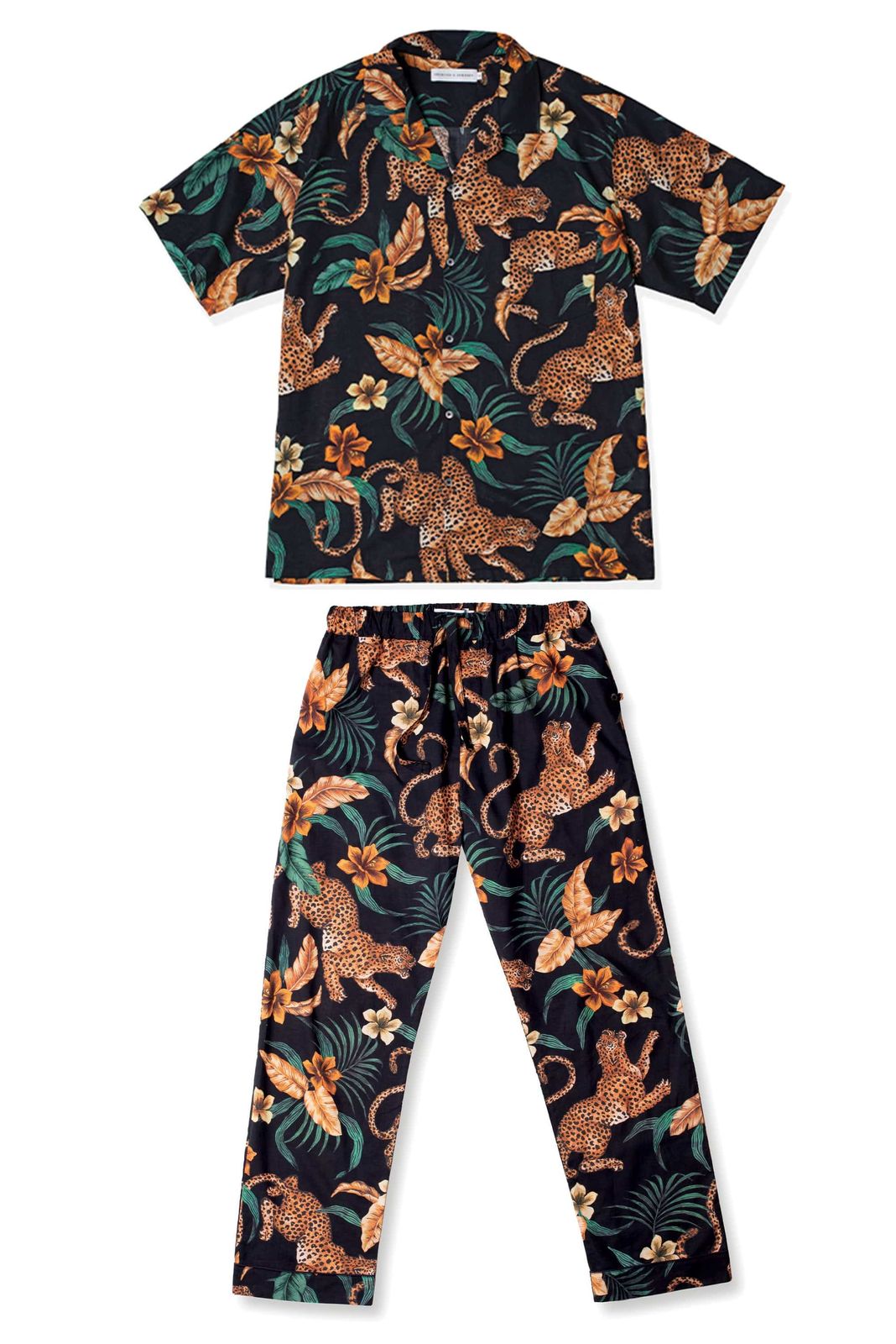 Men’s Cuban Long Pyjama Set Soleia Leopard Print Black/yellow
