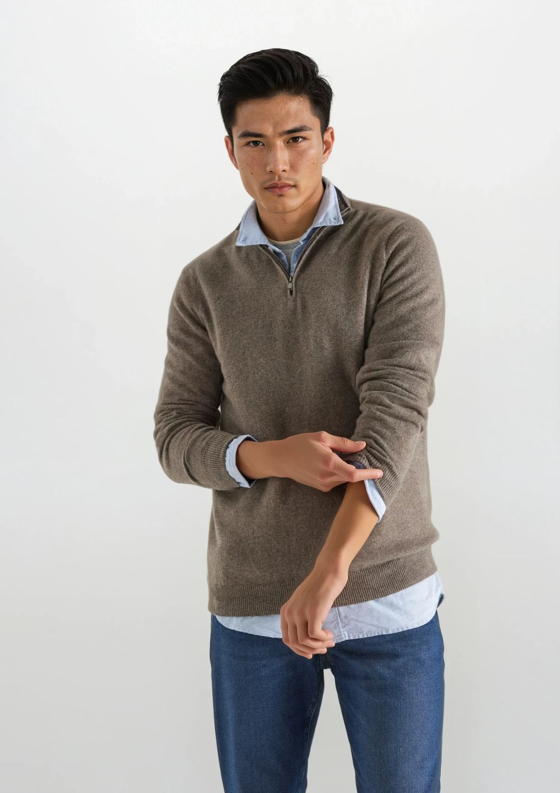 Mens Cashmere Half Zip Sweater in Otter Brown