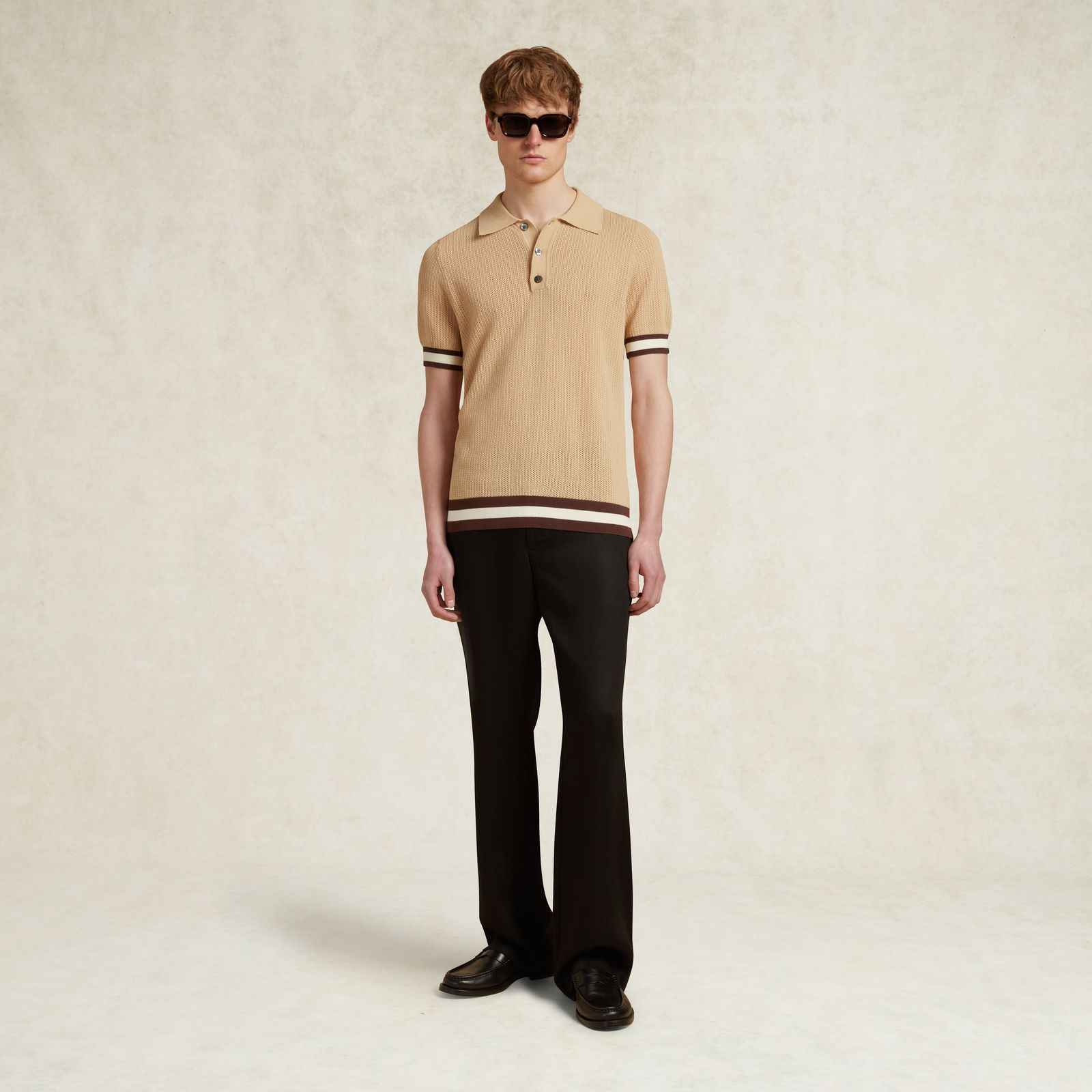 Cotton Open Knit Quinn Polo - Camel