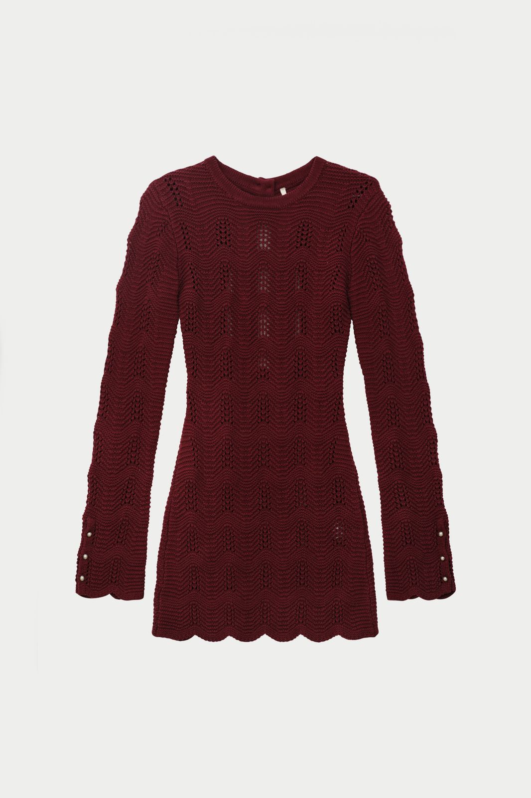 SCALLOP EDGE KNITTED MINI DRESS - BURGUNDY