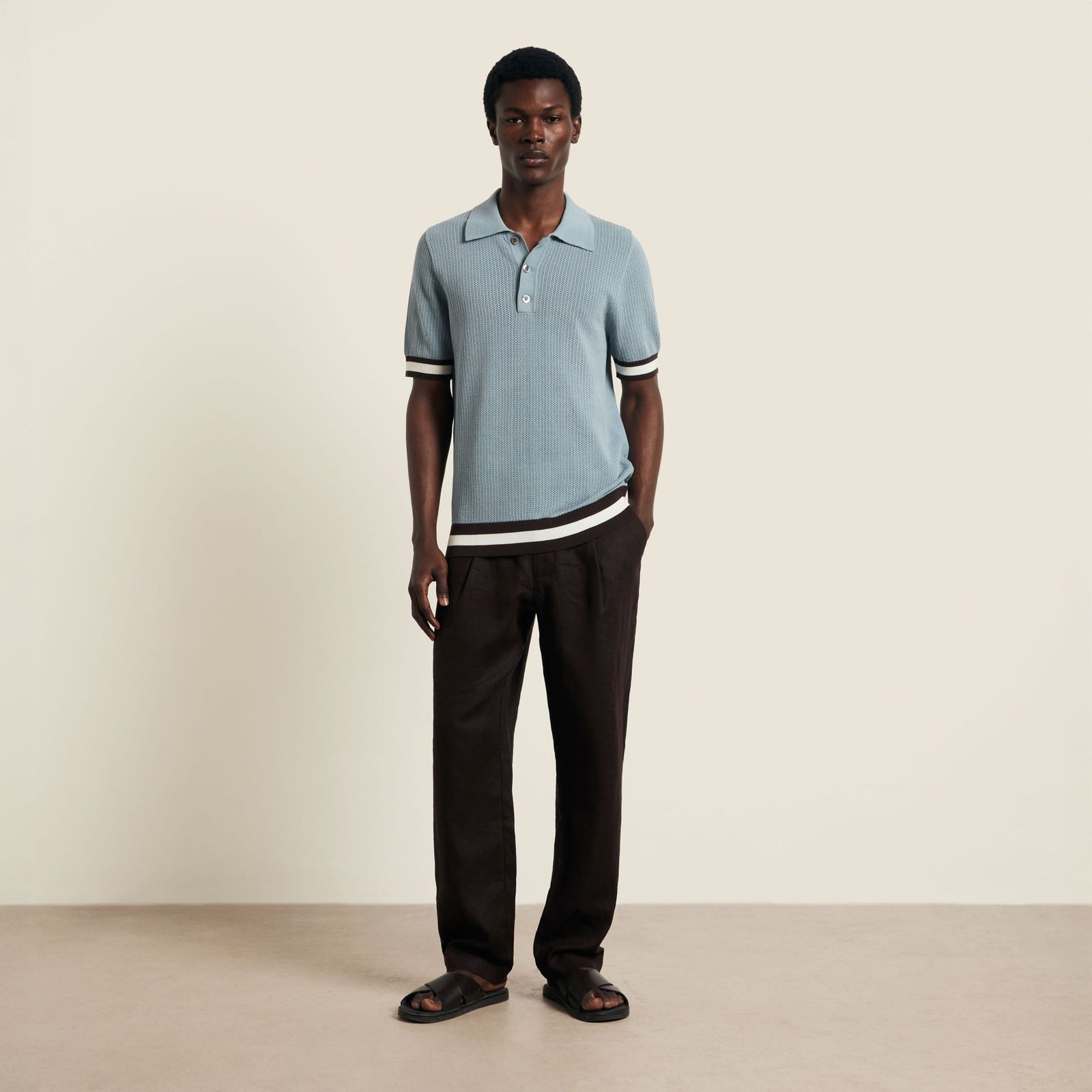 Cotton Open Knit Quinn Polo - Powder Blue/ Chocolate Brown