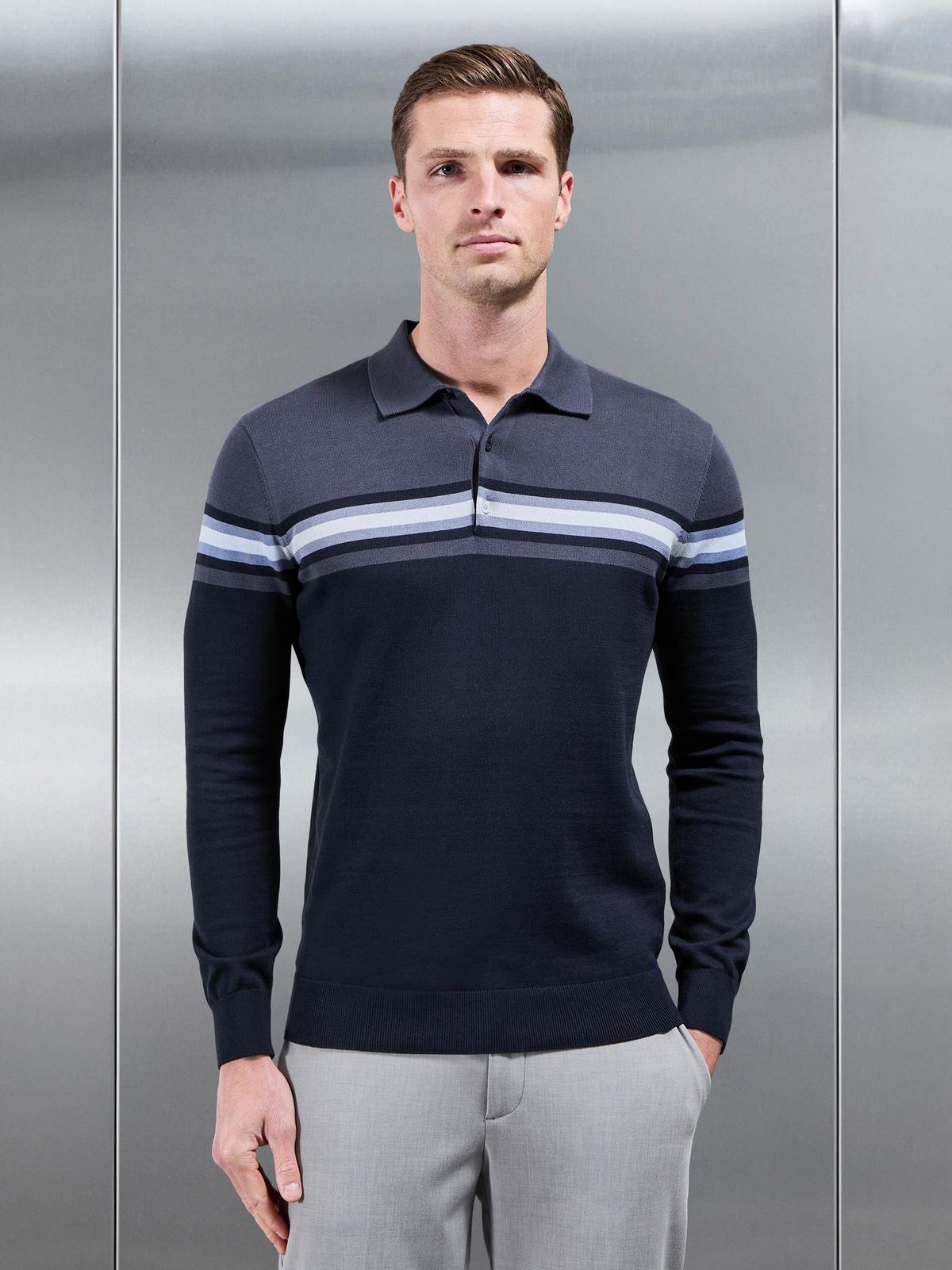 Cotton Knitted Colour Block Button Polo Shirt in Navy