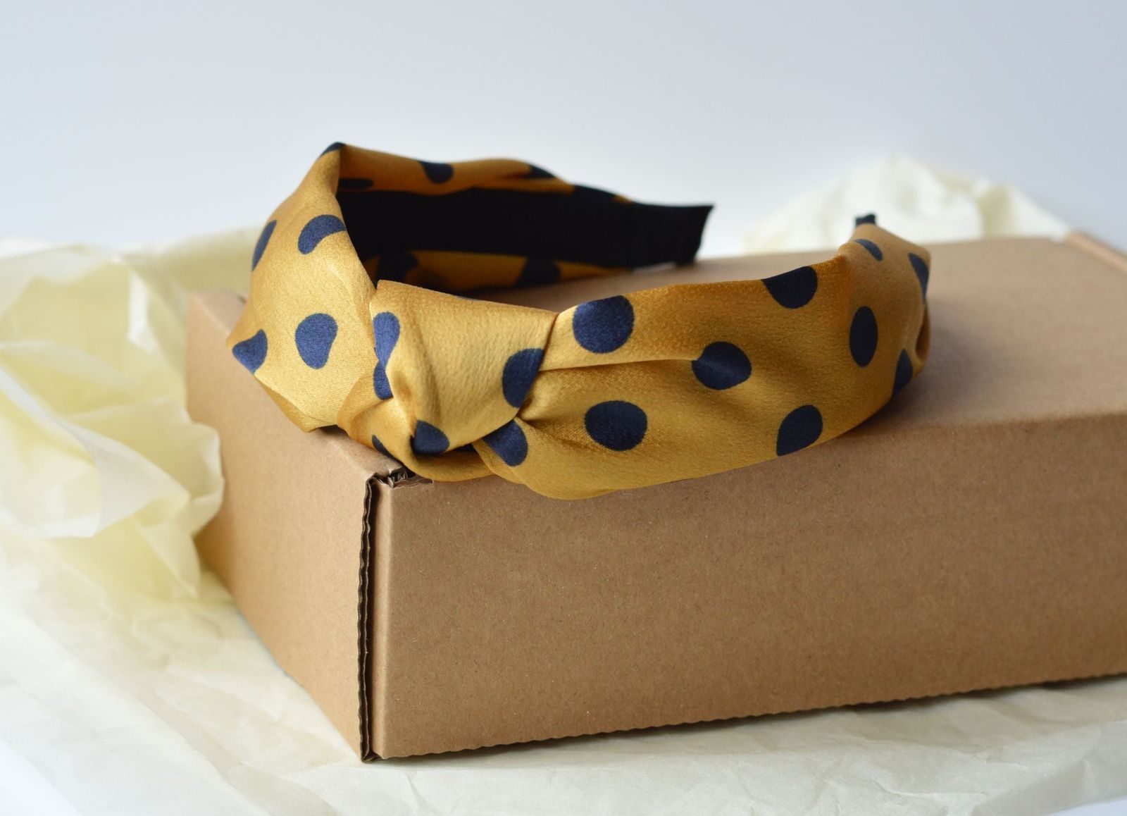 Mustard Yellow With Navy Spot Silky Twisted Knot Rigid Headband