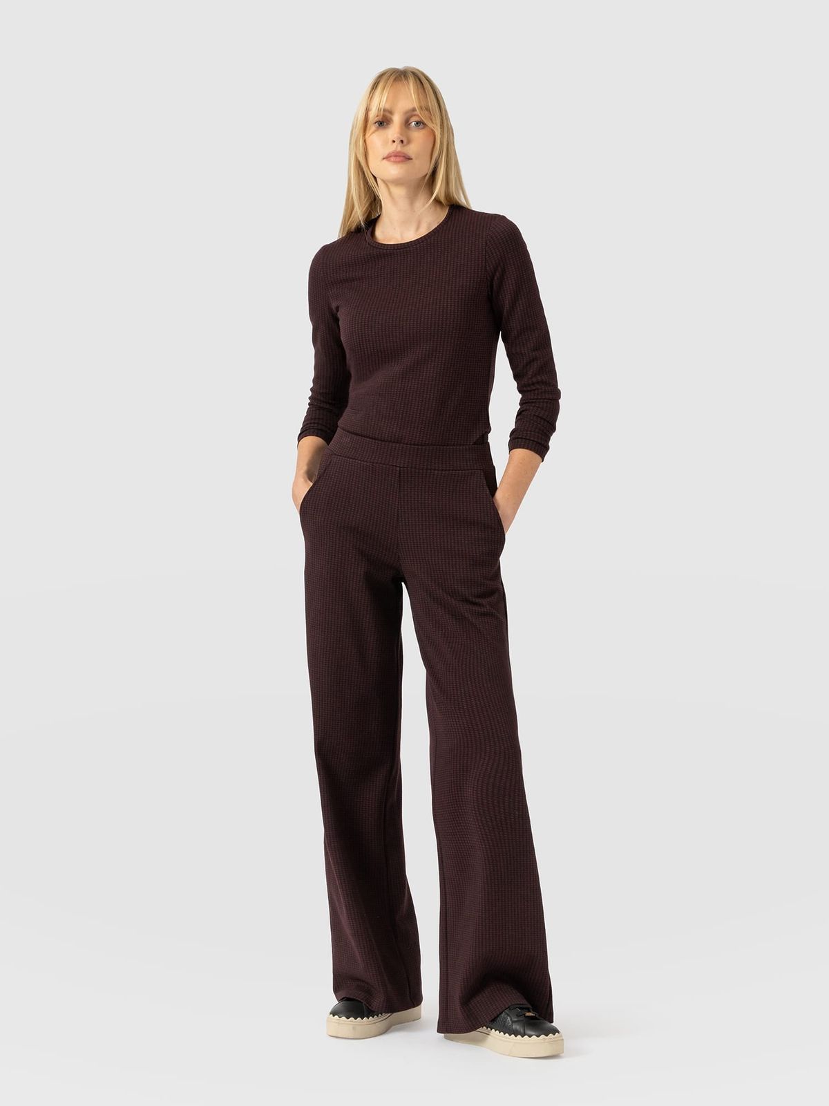 Keller Wide Leg Pant - Burgundy Mini Houndstooth