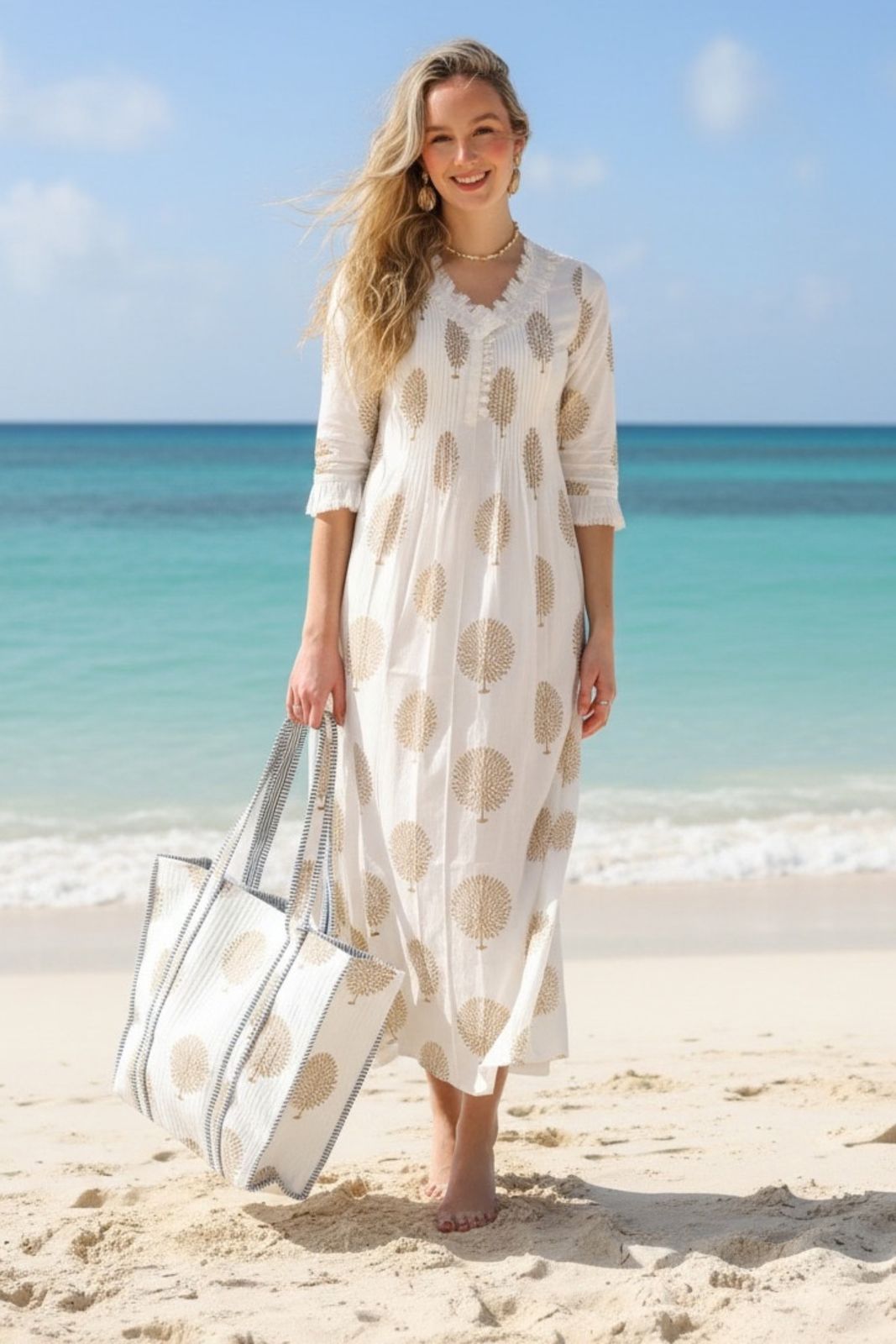 Cotton Annabel Maxi Dress in White & Gold