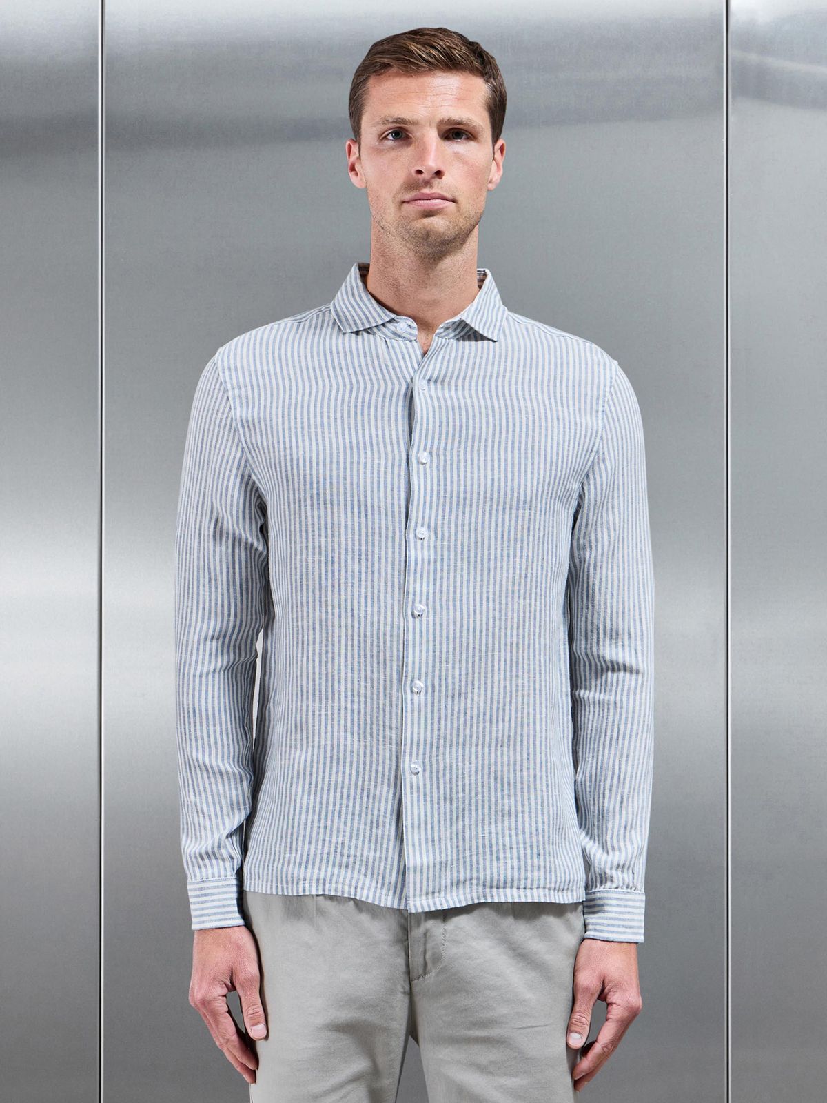 Linen Long Sleeve Stripe Shirt in White Light Blue