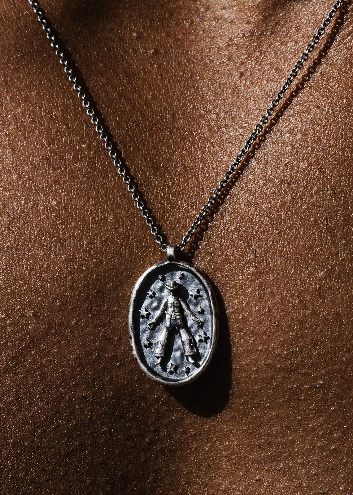 Silver Cowboy Oval Pendant Necklace