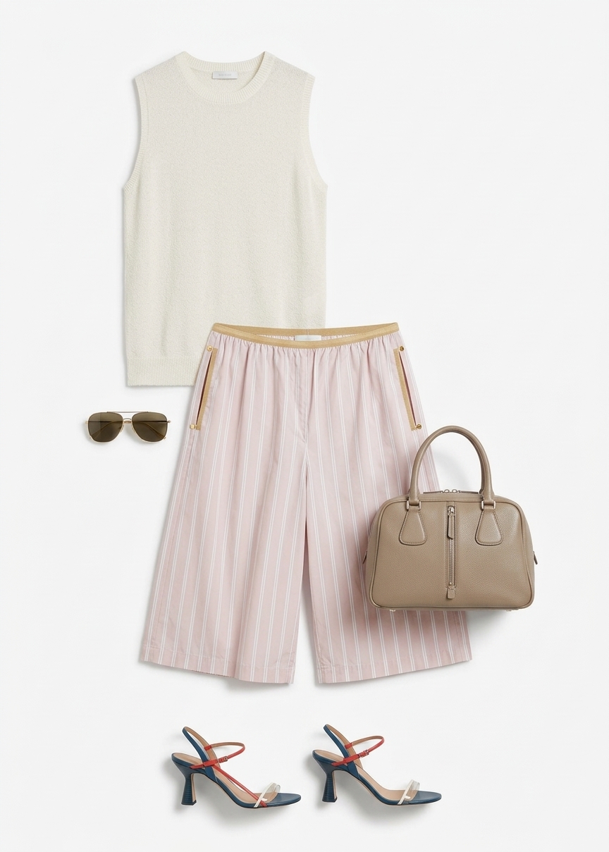 Elyn Elastic Bermuda Shorts - Pink/white Stripes