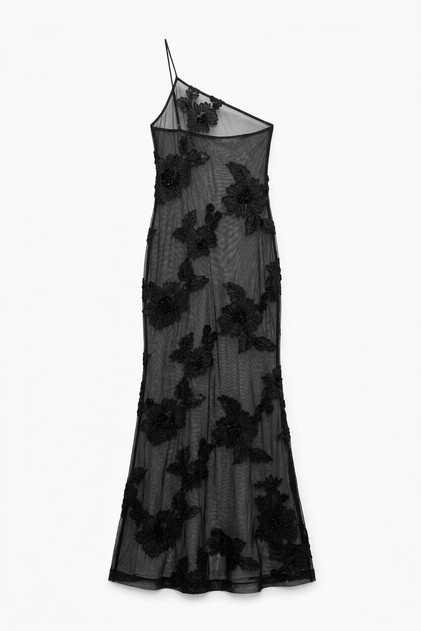 Divya Black 3d Floral Motif Maxi Dress