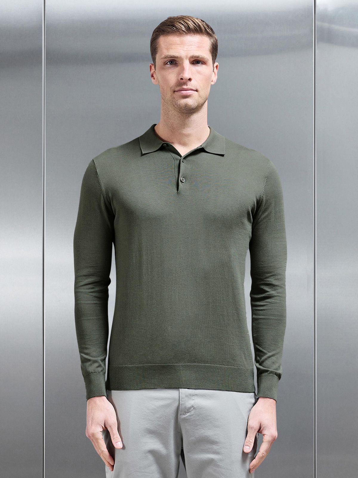 Cotton and Silk Long Sleeve Button Polo Shirt in Sage