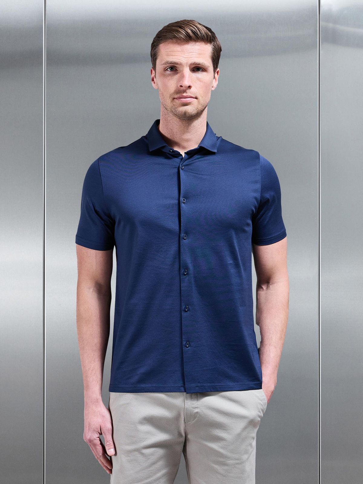 Mercerised Cotton Short Sleeve Shirt in Navy
