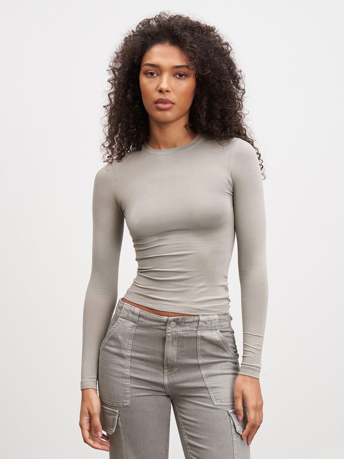 Womens Cotton Jersey Long Sleeve T-Shirt in Stone