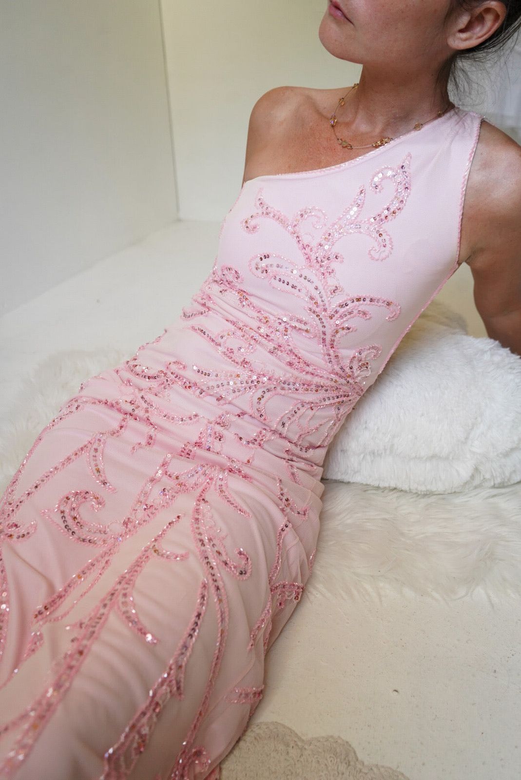 Y2k Baby Pink Beaded One Shoulder Mesh Gown