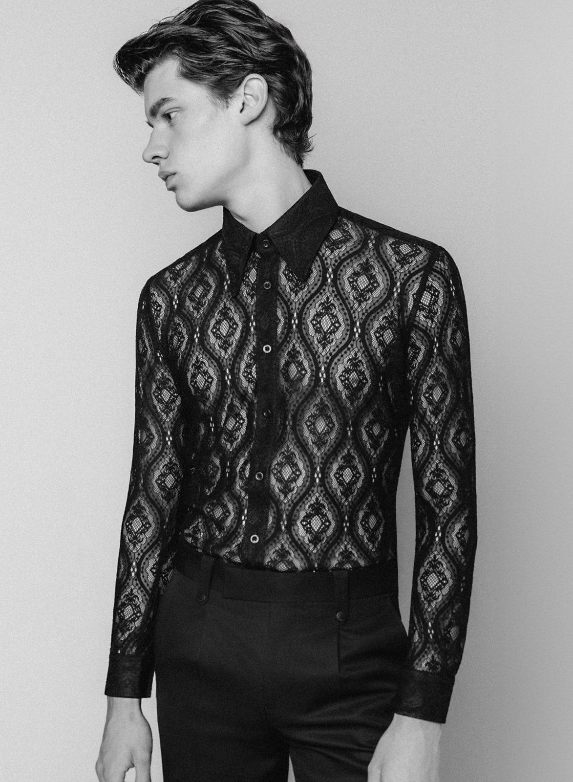 Black Lace Geometric Pointed Collar Shirt