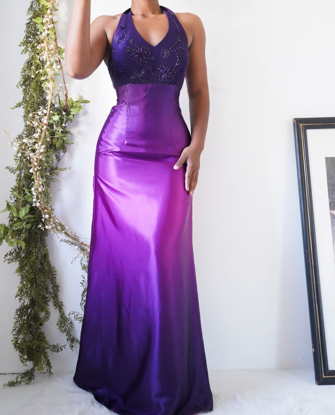 Y2K Ombre Purple Beaded Neckline Gown