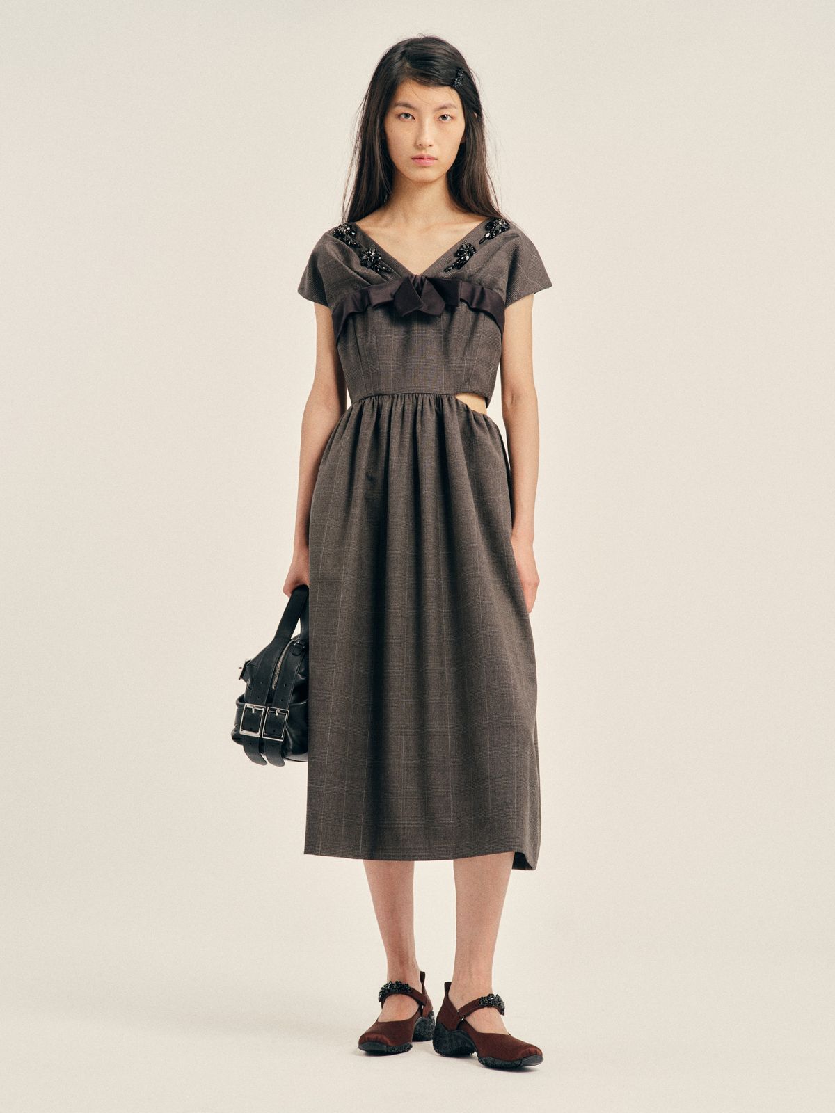 Embellished Gathered Sleeve Bite Detail Flare Dress