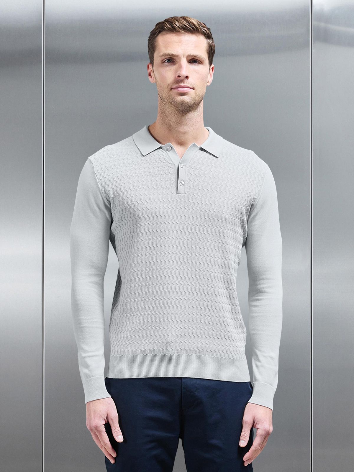 Cotton Knitted Long Sleeve Textured Polo Shirt in Mid Grey
