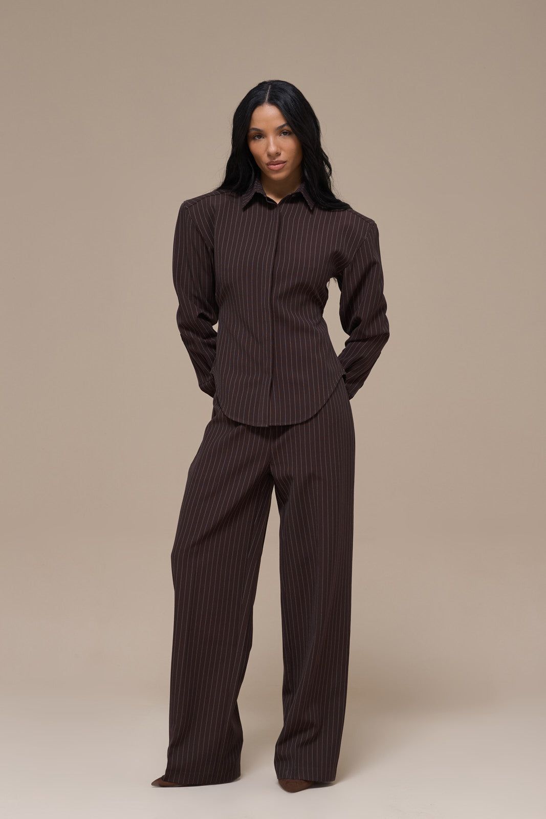 BLYTHE STRAIGHT LEG PINSTRIPE TROUSERS | CHOCOLATE BROWN