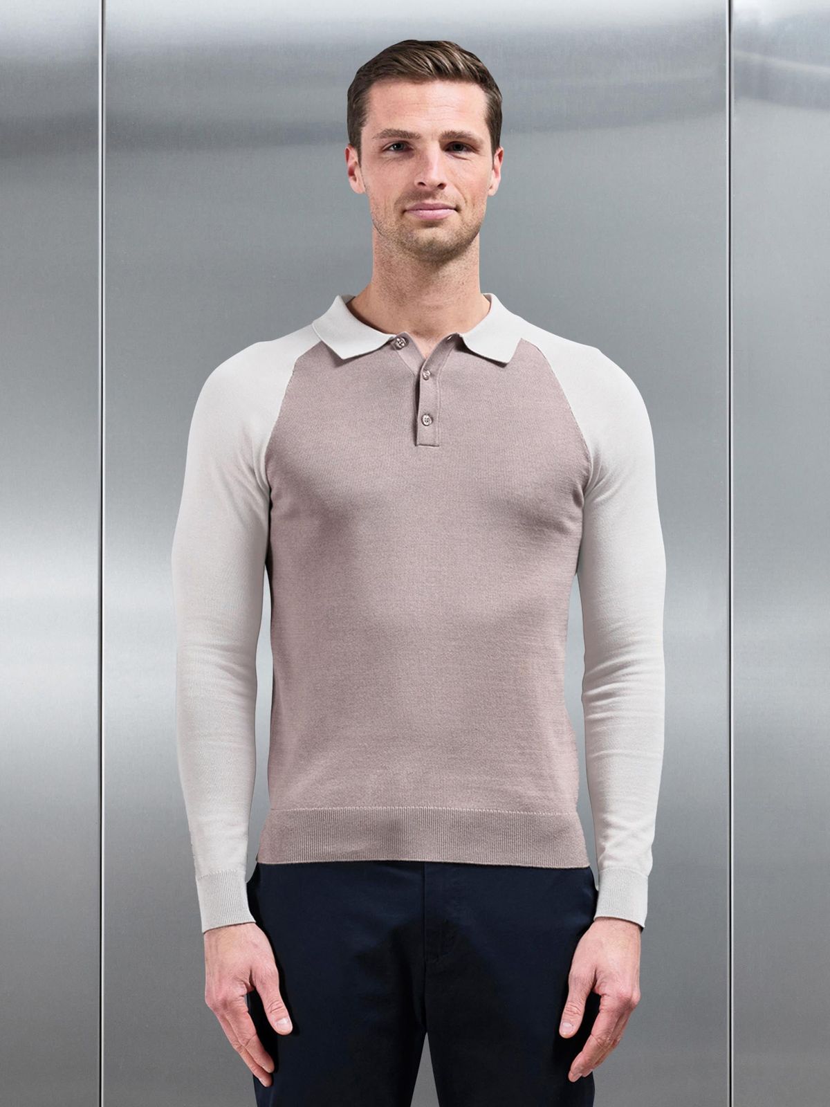 Cotton Knitted Raglan Polo Shirt in Stone