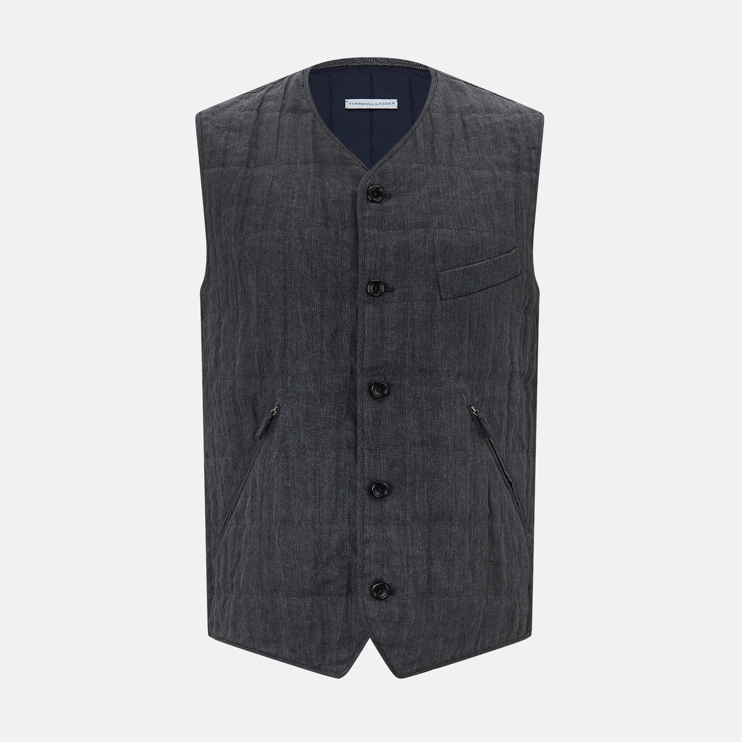 V NECK QUILTED VEST, ZIP PKTS, ASH