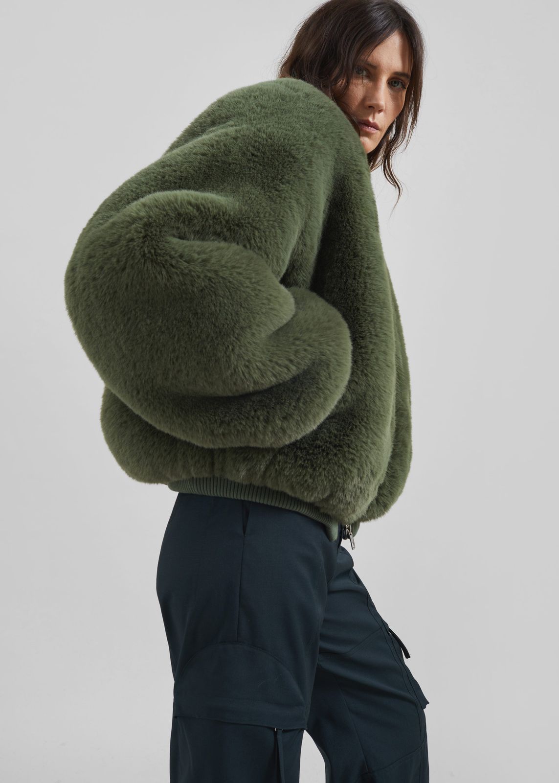 Senna Faux Fur Collarless Jacket - Moss Green