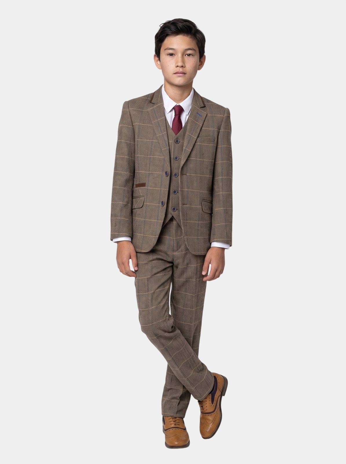 Boys Albert Brown Tweed Check Three Piece Suit
