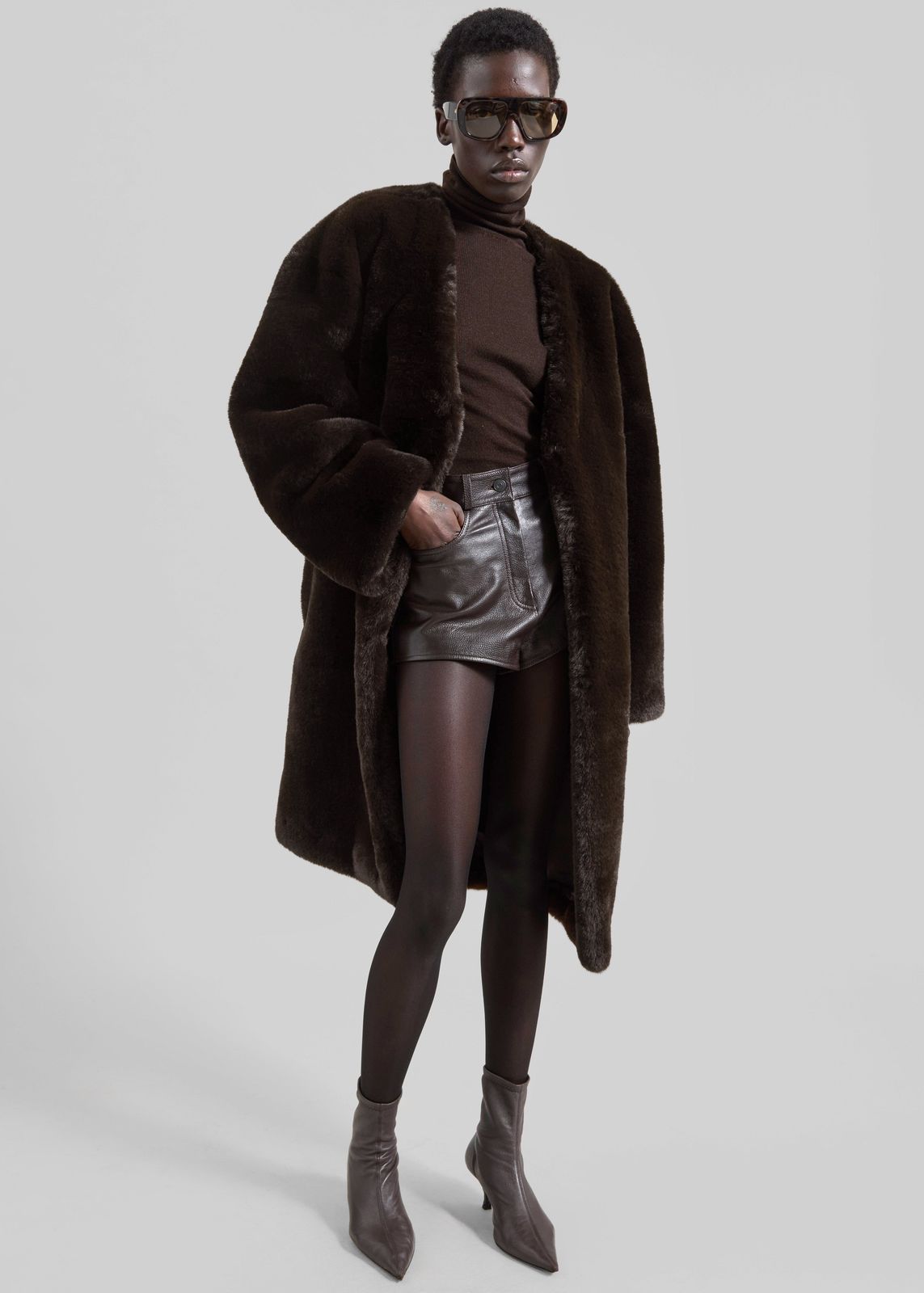 Matera Collarless Faux Fur Coat - Brown