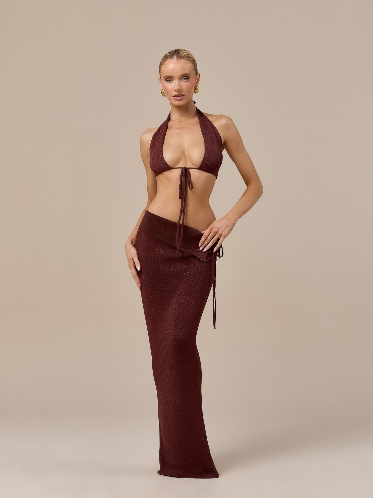 HEIDI METALLIC KNITTED FOLDOVER WAIST MAXI SKIRT | CHOCOLATE