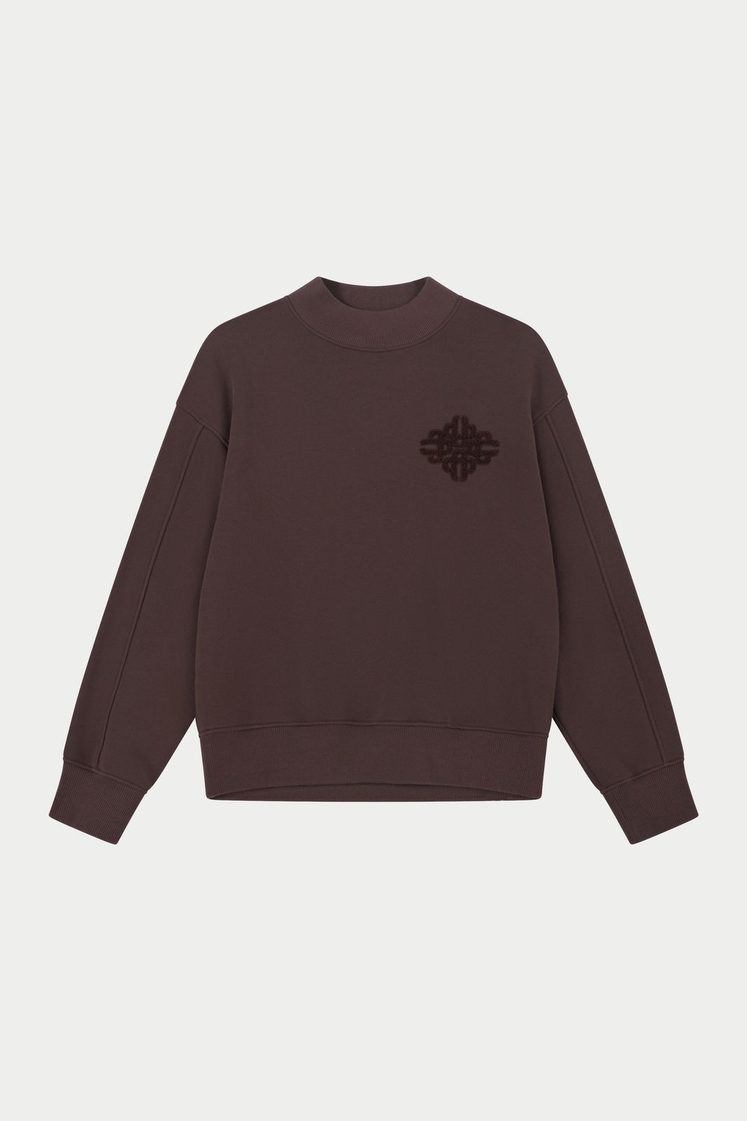 CHENILLE EMBLEM MOCK NECK CREW - CHOCOLATE