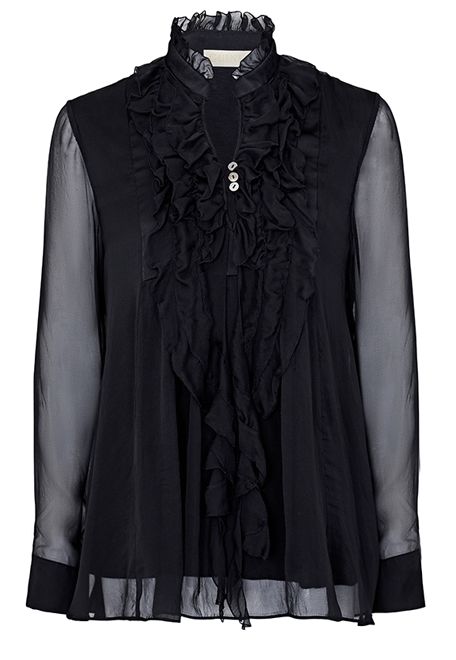 Ellie Ruffle Black Top - Pure Silk With Jersey Lining