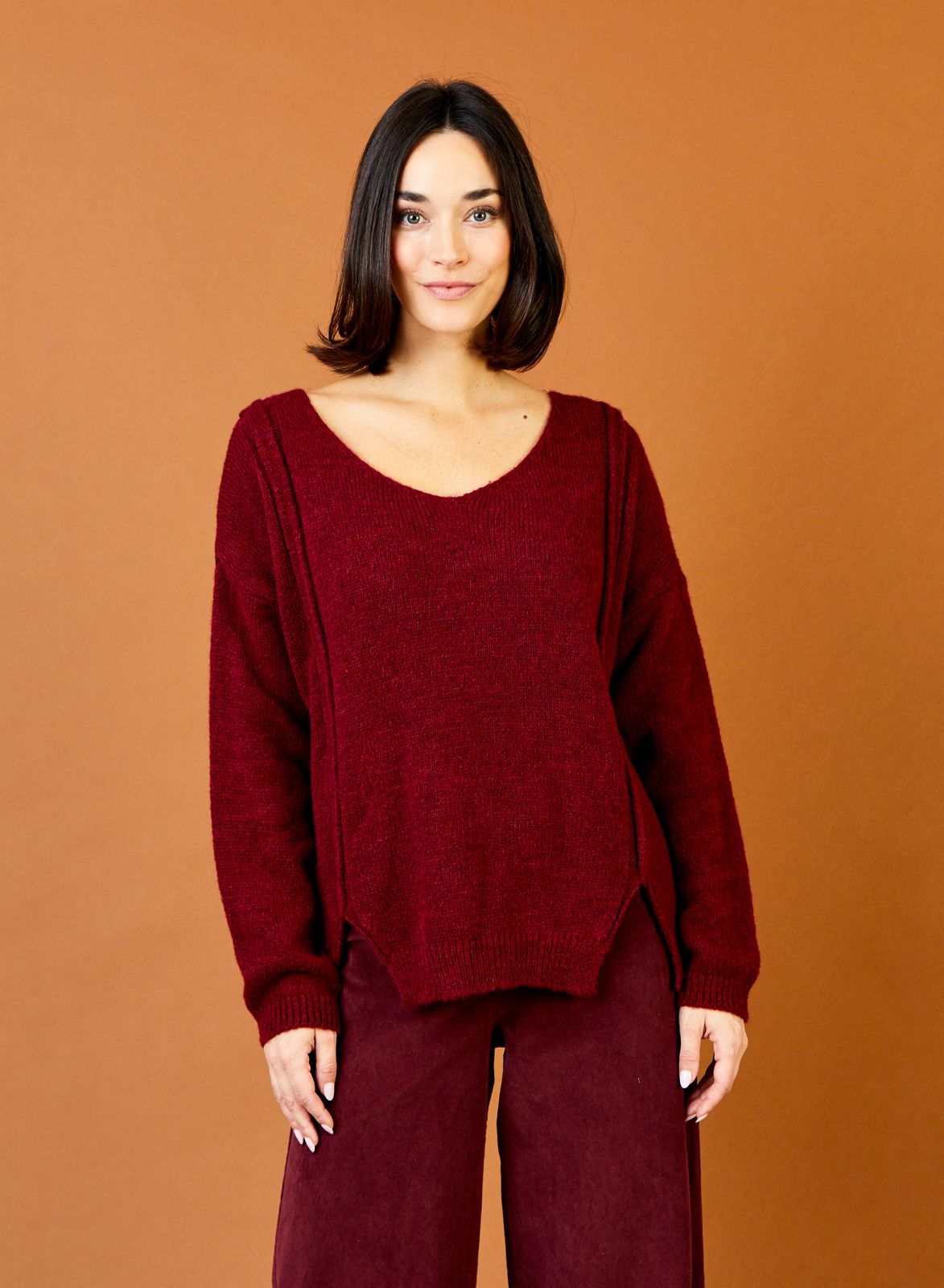 Fiona V Neck Knit Sweater With Raw Seam Detailing