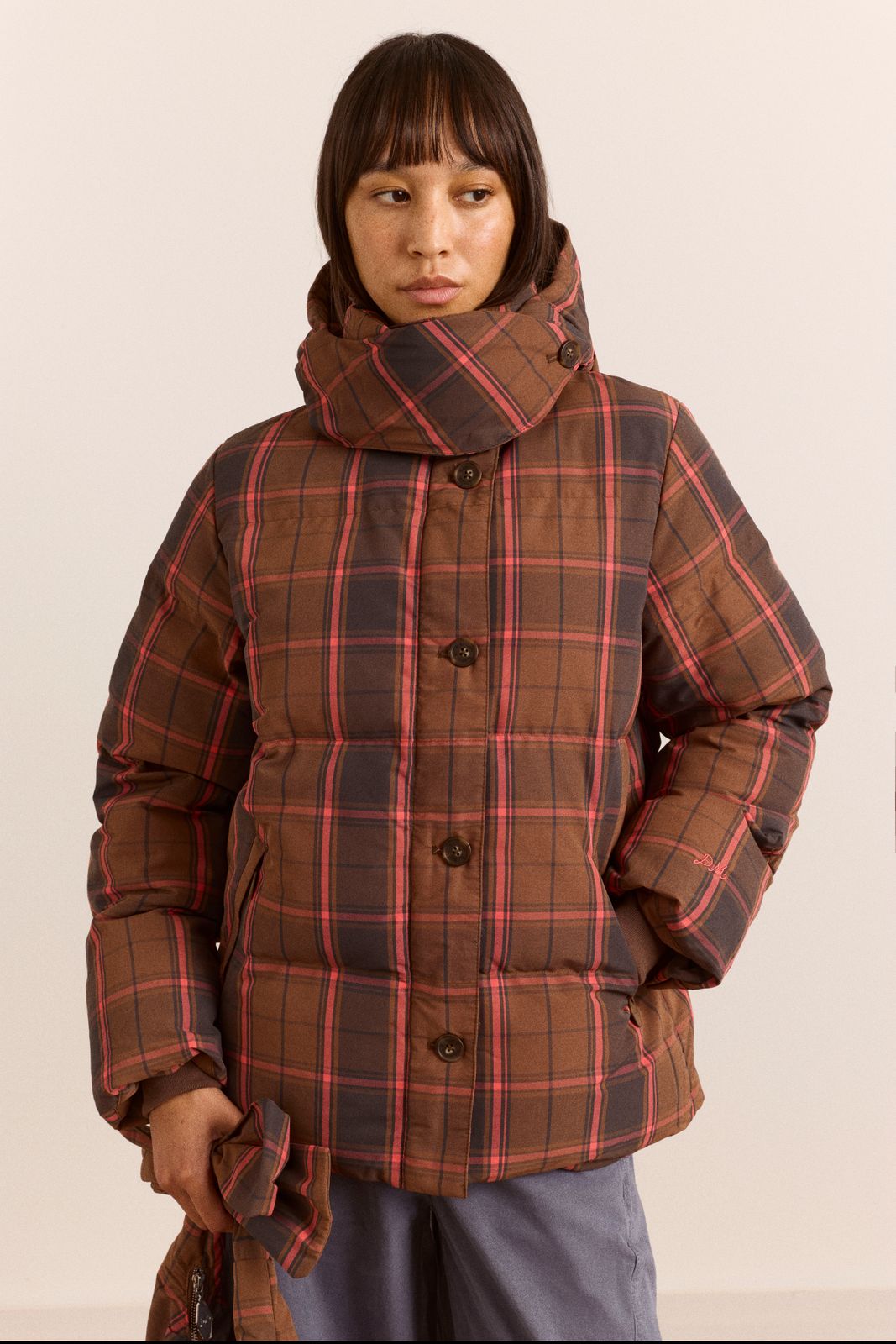 Pearl Hooded Puffer - Toffee Check