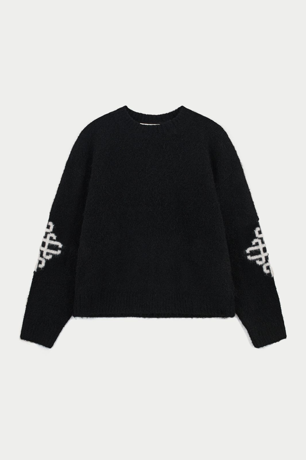 BRUSHED EMBLEM SLEEVE KNITTED CREW - BLACK