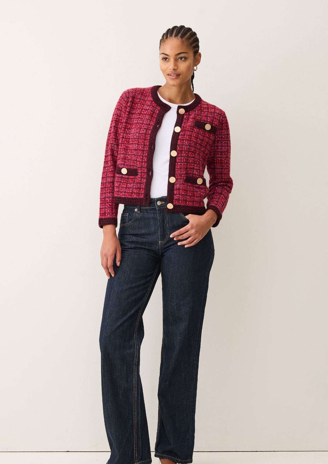 Textured Cashmere Crew Jacket in Pink Check