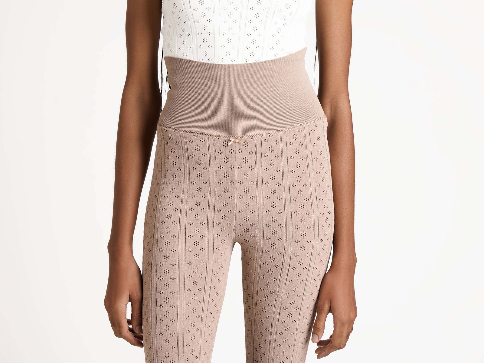 WOMENS KNITTED POINTELLE LEGGINGS IN TAUPE