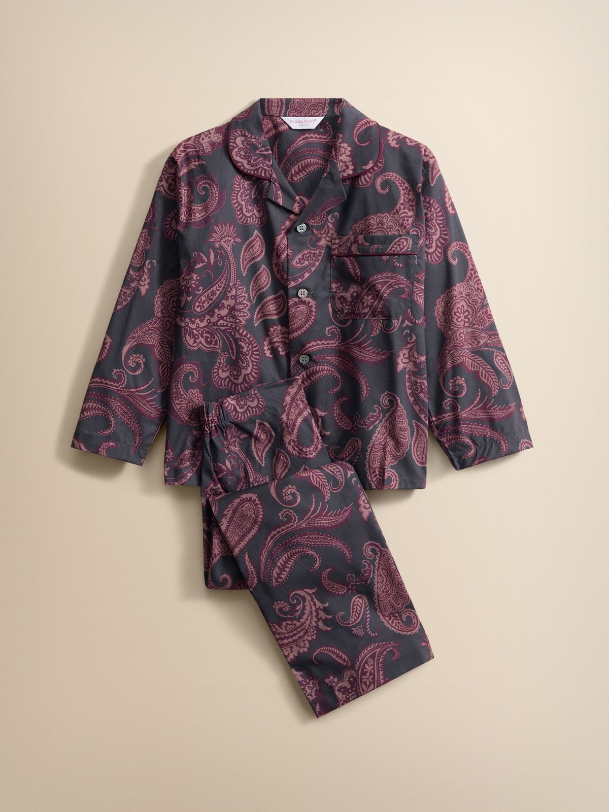 Ledbury Cotton Batiste Pyjamas Night Grey & Wine Paisley