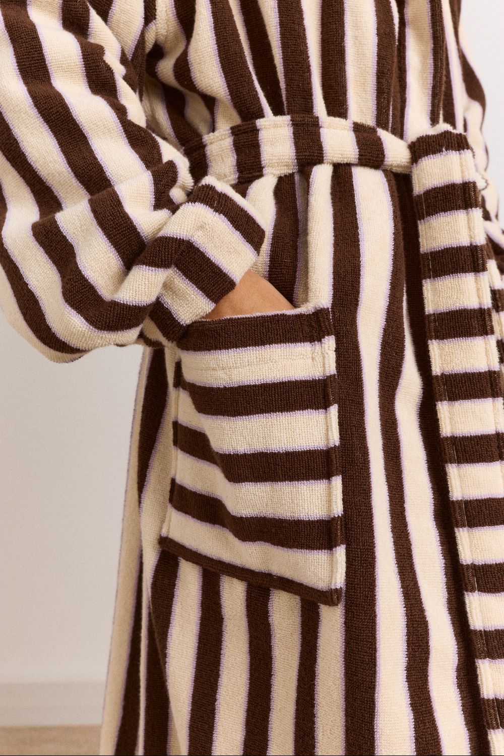 Towelling Robe With Hood - Choc Ecru Stripe