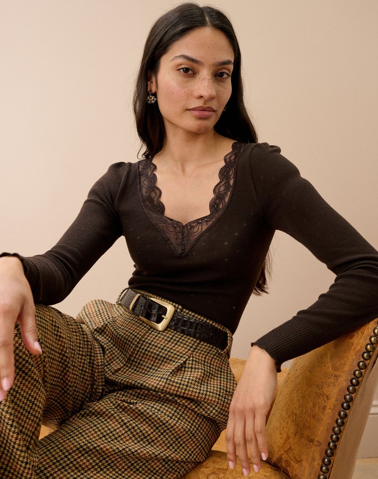 Lace Trim V Neck Top