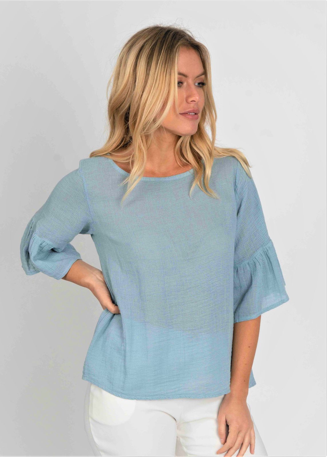 Soft Frill Sleeve Cotton Linen Mix Top