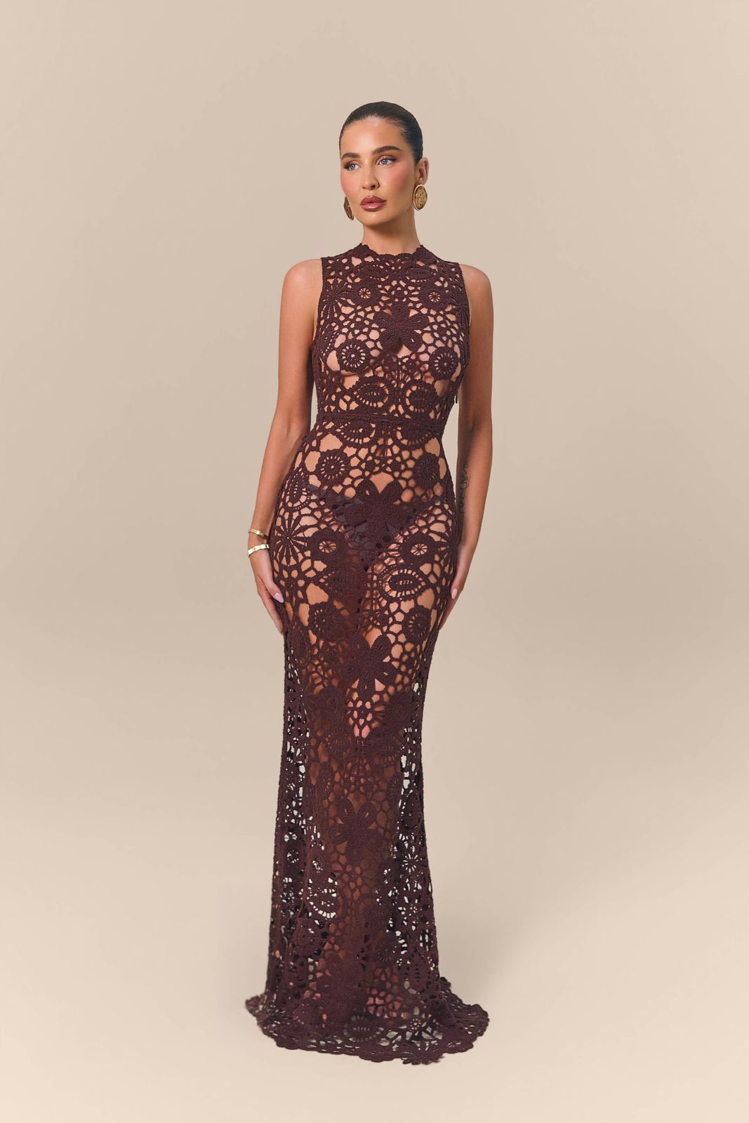 CAPRIA CROCHET HIGH NECK LACE MAXI DRESS | CHOCOLATE