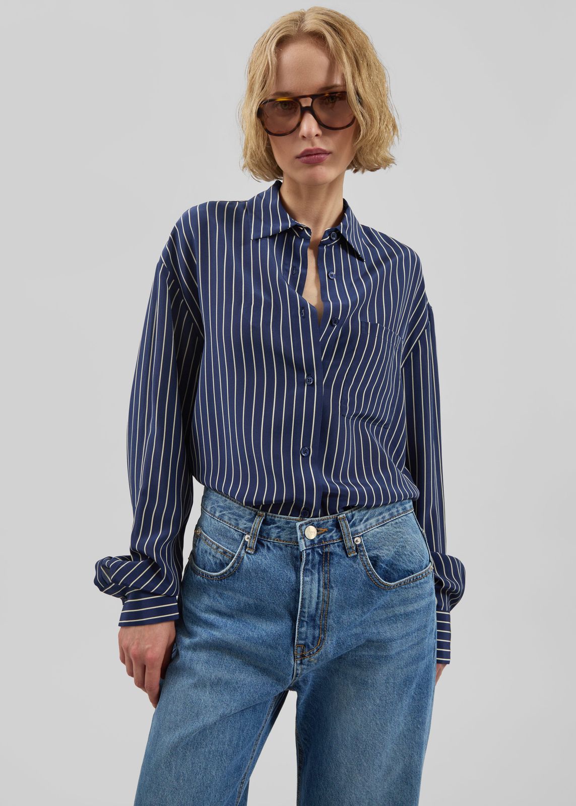 Lui Striped Shirt - Navy/Beige Pinstripe